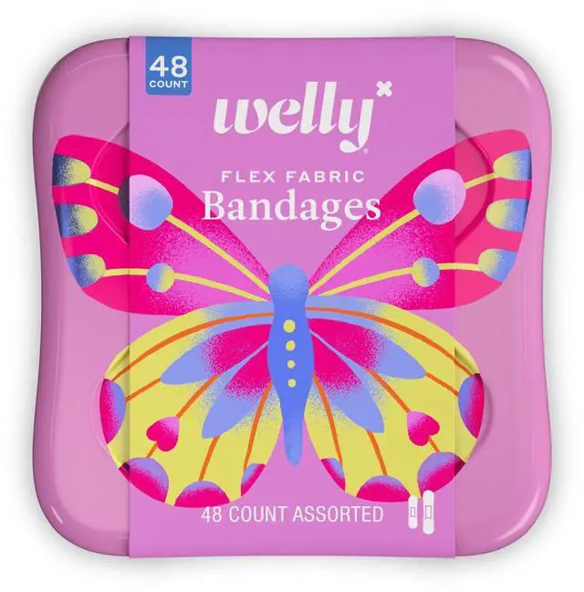 Main image of Bandages | Adhesive Flexible Fabric Bravery Badges | Assorted Shapes for Minor Cuts, Scrapes, and Wounds | Colorful and Fun First Aid Tin | Butterfly Patterns - 48 Count