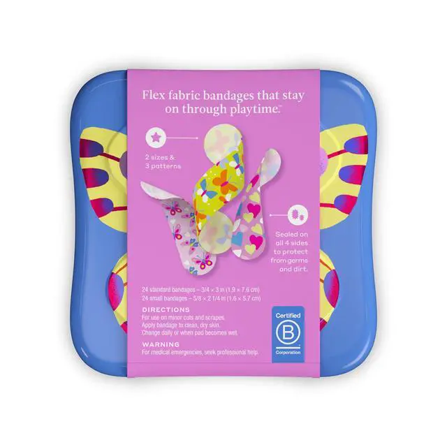 Alt view image 2 of 7 - Bandages | Adhesive Flexible Fabric Bravery Badges | Assorted Shapes for Minor Cuts, Scrapes, and Wounds | Colorful and Fun First Aid Tin | Butterfly Patterns - 48 Count