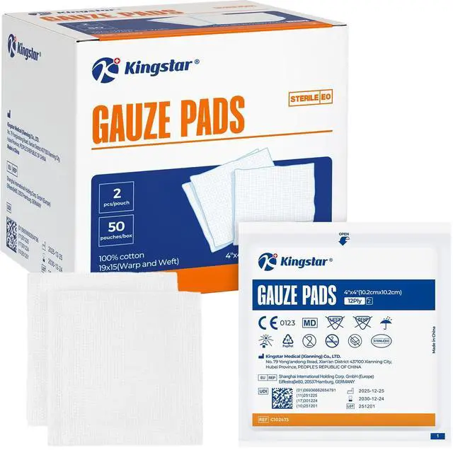 Main image of 100Pcs Sterile Gauze Pads 4x4 Inch 12-Ply, 100% Cotton 4x4 Gauze Pads Highly Absorbent Gauze Sponges for Wound Care, Hospital-Grade Sterile Gauze First Aid & Surgical Dressing