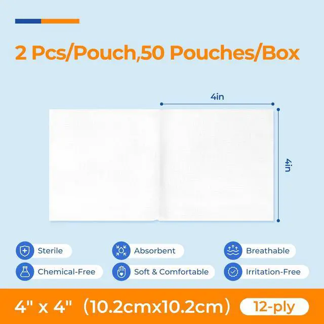 Alt view image 2 of 6 - 100Pcs Sterile Gauze Pads 4x4 Inch 12-Ply, 100% Cotton 4x4 Gauze Pads Highly Absorbent Gauze Sponges for Wound Care, Hospital-Grade Sterile Gauze First Aid & Surgical Dressing