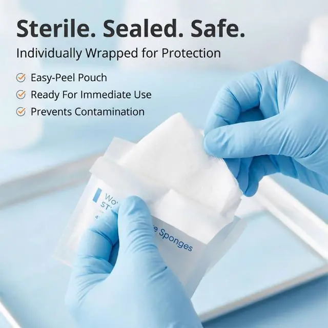 Alt view image 4 of 7 - Sterile Woven Gauze Sponges 4x4, 50 ct, 25 Pouches, 2 per Pouch