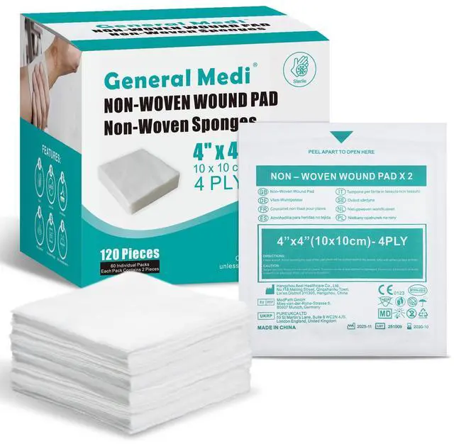 Main image of Sterile Gauze Sponges, 4" x 4" Non-Woven Wound Pads - Individually Wrapped Highly Absorbent Sponges Pads for Cushioning Minor Wounds, Cuts & Burns Wound Care (60 Packs, 120 Pieces Total)