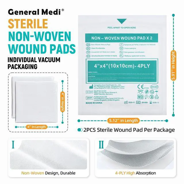 Alt view image 2 of 7 - Sterile Gauze Sponges, 4" x 4" Non-Woven Wound Pads - Individually Wrapped Highly Absorbent Sponges Pads for Cushioning Minor Wounds, Cuts & Burns Wound Care (60 Packs, 120 Pieces Total)