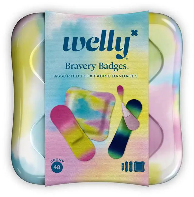 Main image of Bandages | Adhesive Flexible Fabric Bravery Badges | Assorted Shapes for Minor Cuts, Scrapes, and Wounds | Colorful and Fun First Aid Tin | Colorwash Tie Dye Patterns - 48 Count