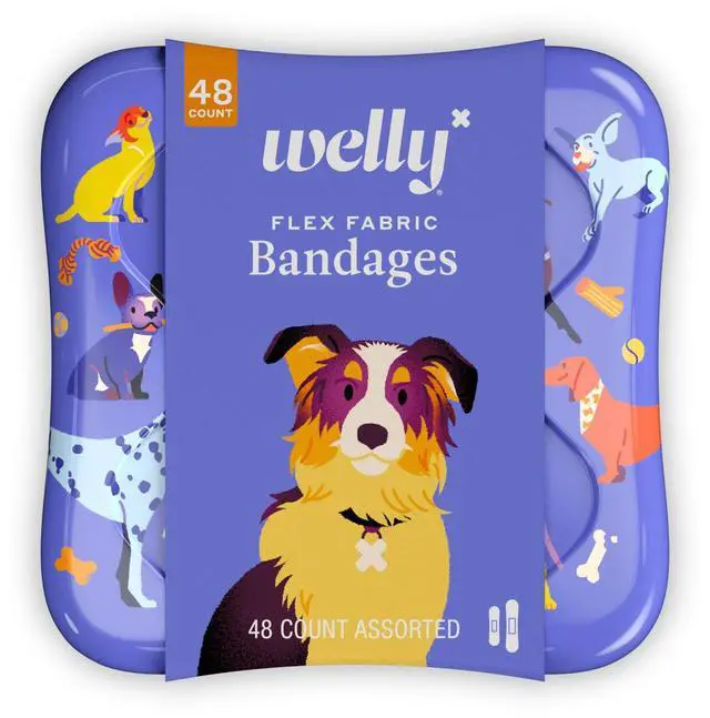 Main image of Bandages | Adhesive Flexible Fabric Bravery Badges | Assorted Shapes for Minor Cuts, Scrapes, and Wounds | Colorful and Fun First Aid Tin | Dogs Patterns - 48 Count