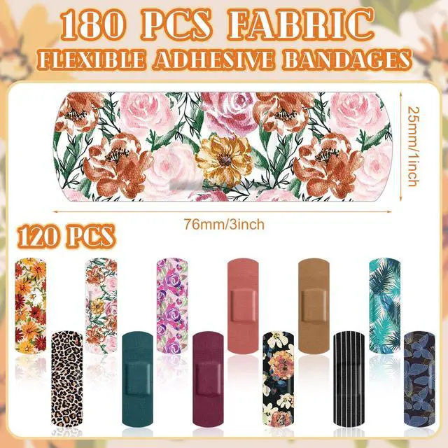 Alt view image 2 of 6 - 180 Pcs Flexible Fabric Adhesive Bandages Bulk Assorted Bandages Floral Breathable Fabric Strip with Non Stick Pad, Flexible Protection Wound Care for Women Cuts Scrapes First Aid, 12 Styles