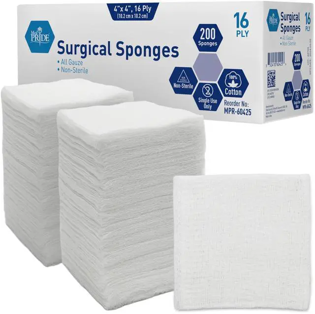 Main image of Cotton Non-Stick Surgical Sponges,4x4 in,16-Ply, 200-Count Pack