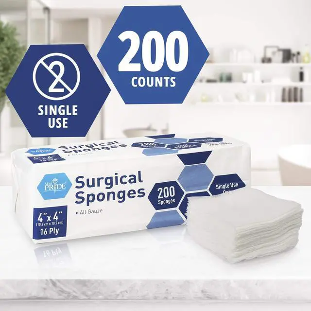 Alt view image 2 of 5 - Cotton Non-Stick Surgical Sponges,4x4 in,16-Ply, 200-Count Pack