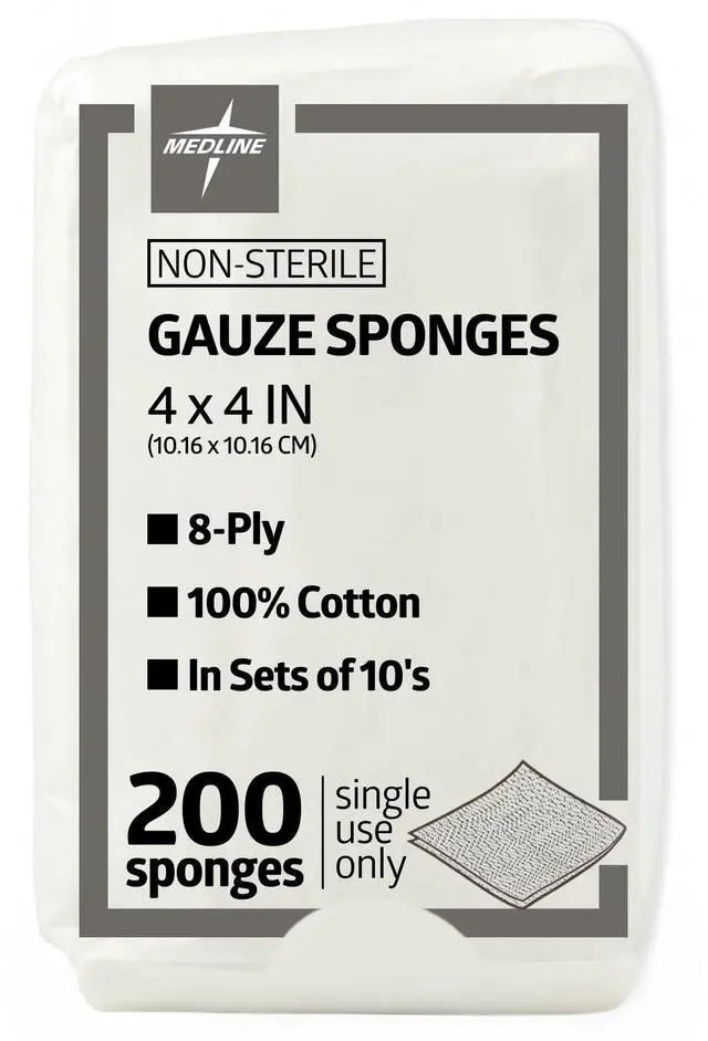 Main image of 4 x 4 inch Gauze Sponges, 100% Cotton, 8-Ply Woven Non-Sterile Gauze (Pack of 200)