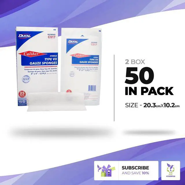 Alt view image 2 of 3 - Type VII Gauze Sponges 8" x 4". Pack of 50 Sterile Wound Pads 12-ply. Sterile 100% otton Gauze Sponges, Wound Care Dressing Pads for Cleaning, Prepping. Wound Care Gauze Bandages, C517