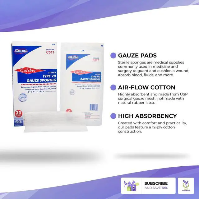 Alt view image 3 of 3 - Type VII Gauze Sponges 8" x 4". Pack of 50 Sterile Wound Pads 12-ply. Sterile 100% otton Gauze Sponges, Wound Care Dressing Pads for Cleaning, Prepping. Wound Care Gauze Bandages, C517