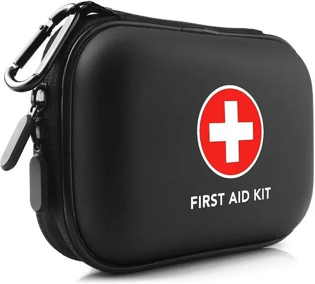 Main image of Mini First Aid Kit, 100 Pieces Water-Resistant Hard Shell Small Case - Perfect for Travel, Outdoor, Home, Office, Camping, Hiking, Car (Black)