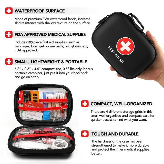 Alt view image 5 of 7 - Mini First Aid Kit, 100 Pieces Water-Resistant Hard Shell Small Case - Perfect for Travel, Outdoor, Home, Office, Camping, Hiking, Car (Black)