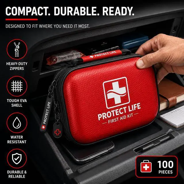 Alt view image 3 of 7 - Travel First Aid Kit for Car - Small Mini Emergency Kit, 100 Piece Waterproof First Aid Kit for Home, Camping, Boat & Hiking - Includes Emergency Blanket & First Aid Guide