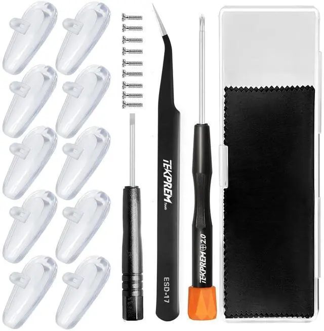 Main image of Eyeglasses Nose Pads, Screw in Glasses Nose Pads Replacement Repair Tools Kit with 5 Pairs of Air Chamber Silicone Nose Pads,Screws,Screwdrivers,Tweezer & Cloth for Sunglasses (15mm)