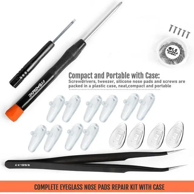 Alt view image 7 of 7 - Eyeglasses Nose Pads, Screw in Glasses Nose Pads Replacement Repair Tools Kit with 5 Pairs of Air Chamber Silicone Nose Pads,Screws,Screwdrivers,Tweezer & Cloth for Sunglasses (15mm)
