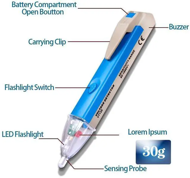 Alt view image 2 of 7 - Non-Contact Voltage Tester with LED Flashlight, Buzzer Alarm, AC Voltage Detector Pen,Test Range 60V - 1000V & Live/Null Wire Judgment