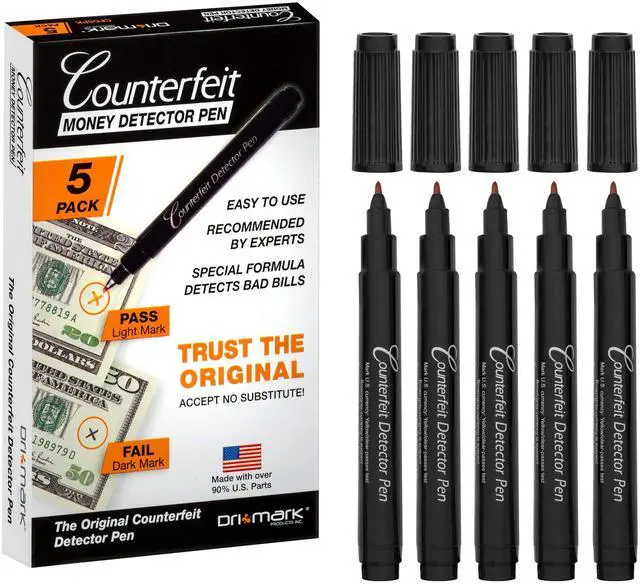 Main image of CFD5PK Counterfeit Bill Detector Marker Pen, Made in The USA, 3 Times More Ink, Pocket Size, Fake Money Checker - Money Loss Prevention Tester & Fraud Protection for U.S. Currency (Pack of 5)