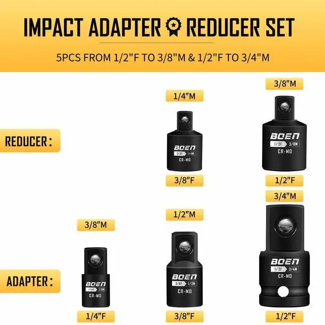 Alt view image 2 of 7 - 5 Piece Impact Socket Adapter Set and Reducer Set, Standard SAE, 1/4", 3/8", 1/2" Drive Socket Adapter Set, CR-MO Steel Impact Adapter Conversion Set for Impact Driver Wrench