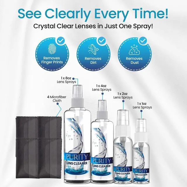 Alt view image 6 of 7 - Eyeglass Family Pack - Multi-Size Kit - 1x1oz, 1x2oz, 1x4oz, 1x8oz Bottles + 4 Premium Microfiber Cloths - Safe for All Lenses, Eyeglasses, & Screens - Streak-Free Formula