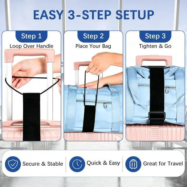 Alt view image 4 of 7 - Luggage Straps for Suitcases, 2 Pack Black Adjustable Elastic Double-Loop Luggage Connector Straps, Thick, Durable, Waterproof Multi-Use Straps for Totes, Backpacks and Duffel Bags.