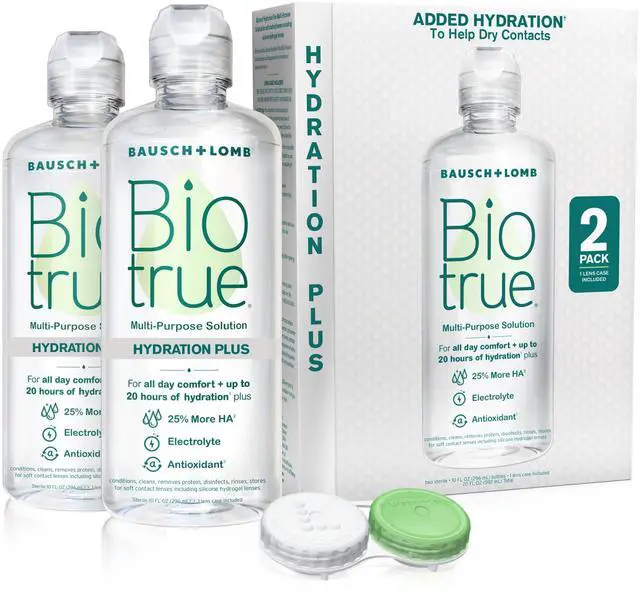 Main image of Hydration Plus Contact Lens Solution with Lens Case, Multi-Purpose Solution for Soft Lenses, Hydrates with Hyaluronan, Cleans, Clears, and Disinfects for All-Day Comfort, 10 Fl Oz (Pack of 2)