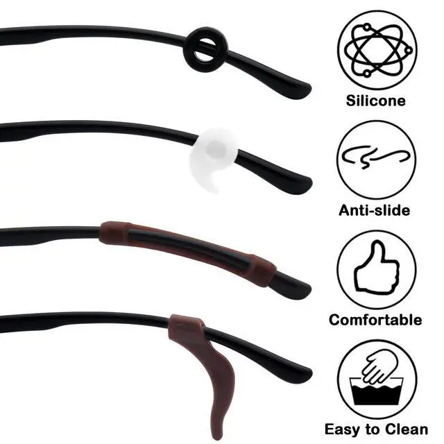 Alt view image 2 of 7 - 12 Pairs Eyeglasses Retainers Silicone Glasses Temple Holders Anti-slip Protectors Comfort Eyewear Spectacle Stay Put Glasses Stoppers for Sport, Study(4 Variety Designs in Black, Clear, Brown)