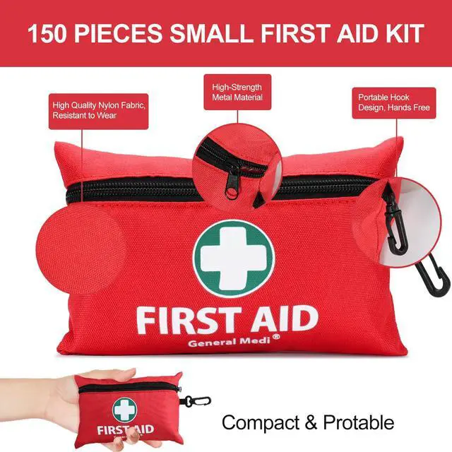 Alt view image 3 of 7 - Mini First Aid Kit, 150 Piece Small First Aid Kit - Includes Emergency Foil Blanket, Scissors for Travel, Home, Office, Vehicle, Camping, Workplace & Outdoor (Red)