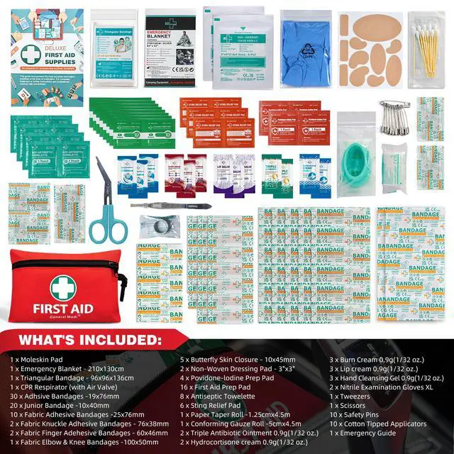 Alt view image 2 of 7 - Mini First Aid Kit, 150 Piece Small First Aid Kit - Includes Emergency Foil Blanket, Scissors for Travel, Home, Office, Vehicle, Camping, Workplace & Outdoor (Red)