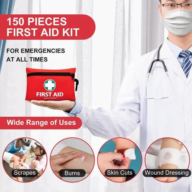 Alt view image 4 of 7 - Mini First Aid Kit, 150 Piece Small First Aid Kit - Includes Emergency Foil Blanket, Scissors for Travel, Home, Office, Vehicle, Camping, Workplace & Outdoor (Red)