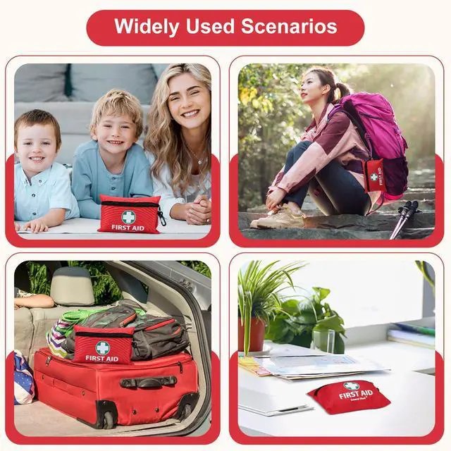 Alt view image 5 of 7 - Mini First Aid Kit, 150 Piece Small First Aid Kit - Includes Emergency Foil Blanket, Scissors for Travel, Home, Office, Vehicle, Camping, Workplace & Outdoor (Red)