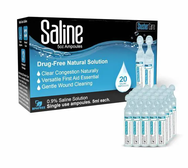 Main image of Saline Ampoules - Saline Solution, Sodium Chloride 0.9%, Nasal Cleanse for Babies, Kids, & Adults, Sterile Nasal Care, Wound Cleansing - 20 Count (5ml Each)