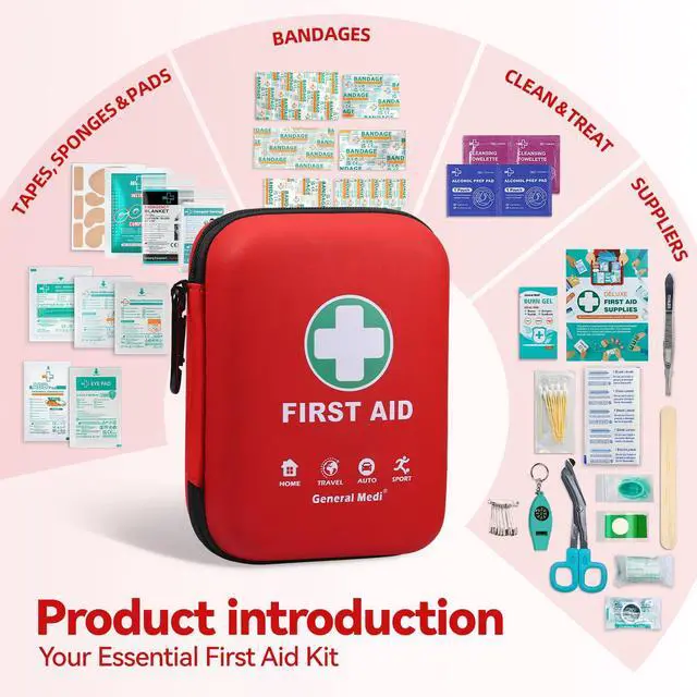 Alt view image 4 of 7 - First Aid Kit - 170 Pieces Hard Case and Lightweight - Great for Travel, Home, Office, Vehicle, Camping, Workplace & Outdoor (Red)