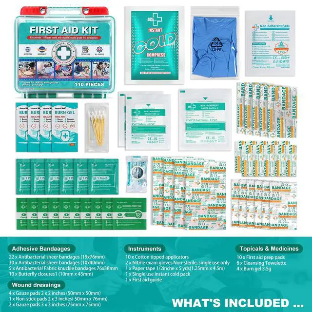 Alt view image 2 of 7 - 110 Pieces Small First Aid Kit - HardCase First Aid Box - Contains Premium Medical Supplies for Travel, Home, Office, Vehicle, Camping, Workplace & Outdoor