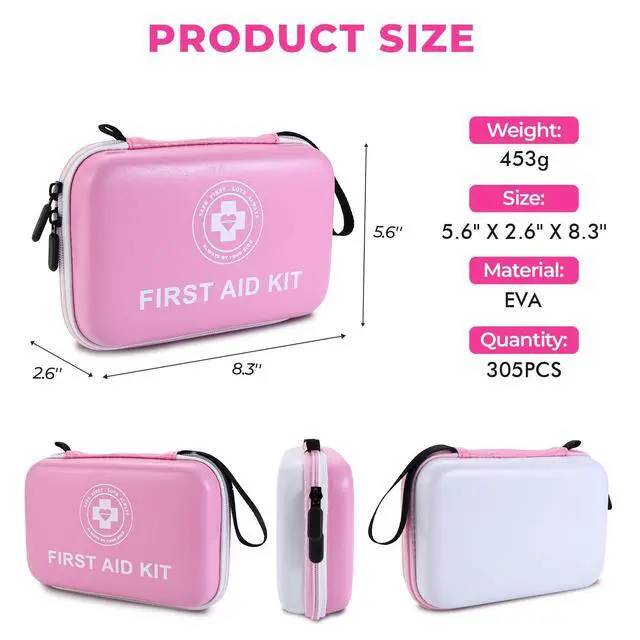 Alt view image 2 of 4 - Premium First Aid Kit - 305 Piece Dual-Color Emergency Kit with Hard Shell & Fluorescent Interior Coating, Compact Survival Kit for Home, Car, Travel, Hiking & Outdoor (Pink/White)