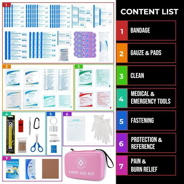 Alt view image 3 of 4 - Premium First Aid Kit - 305 Piece Dual-Color Emergency Kit with Hard Shell & Fluorescent Interior Coating, Compact Survival Kit for Home, Car, Travel, Hiking & Outdoor (Pink/White)