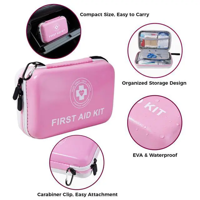 Alt view image 4 of 4 - Premium First Aid Kit - 305 Piece Dual-Color Emergency Kit with Hard Shell & Fluorescent Interior Coating, Compact Survival Kit for Home, Car, Travel, Hiking & Outdoor (Pink/White)