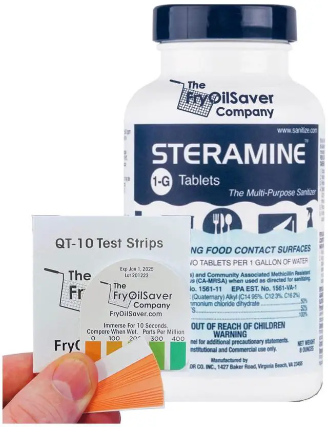 Main image of 1 Bottle Steramine Sanitizer Tablets w/15x QT-10 Test Strips - Multi Purpose Steramine Sanitizing Tablets for Food Contact Surface, Kitchen, Restaurant & Commercial Use(150 Count)