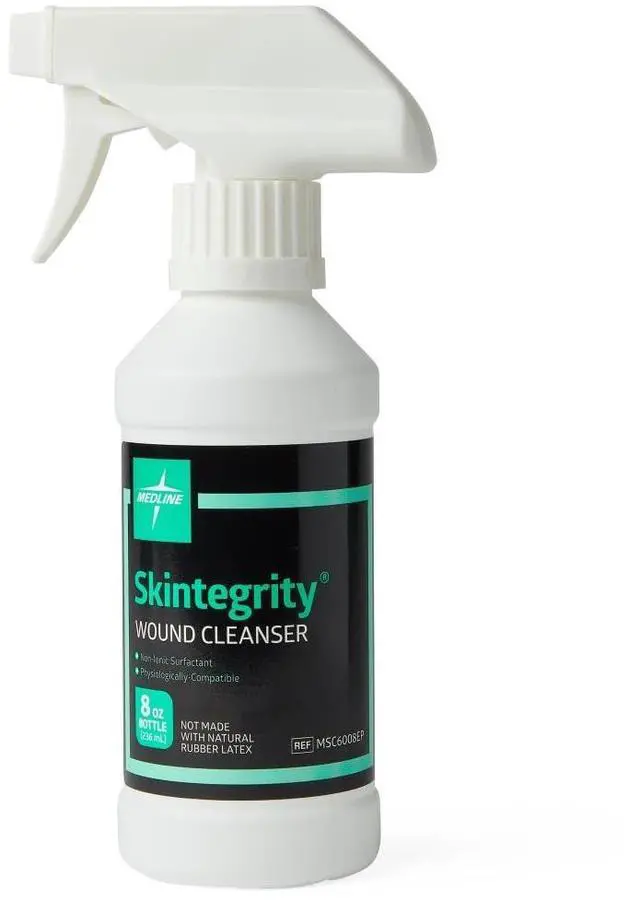 Main image of Skintegrity Wound Cleanser, 8 ounce Spray Bottle, for wound cleaning, debridement, removing protein, pressure injuries, infected wounds, spray can be adjusted from mist to stream
