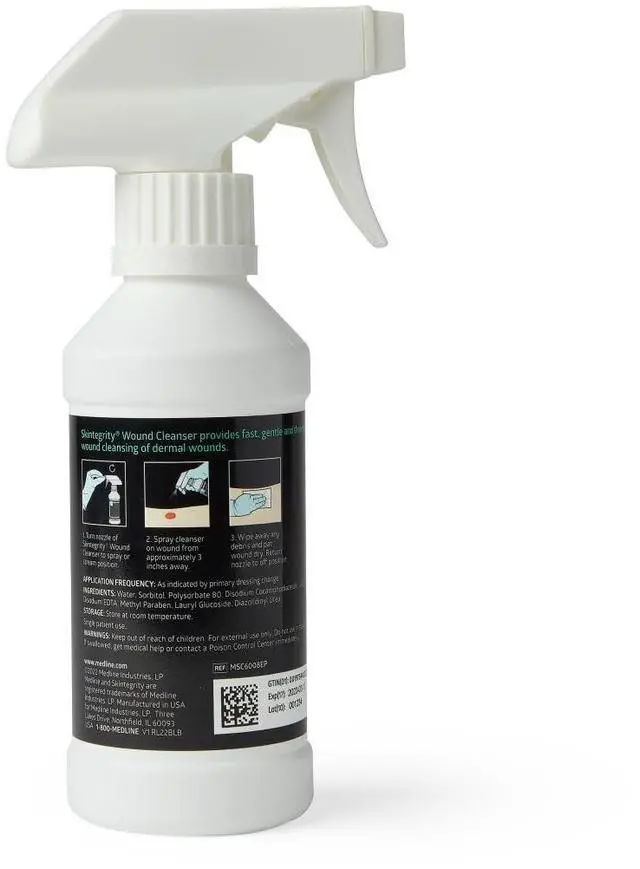Alt view image 3 of 3 - Skintegrity Wound Cleanser, 8 ounce Spray Bottle, for wound cleaning, debridement, removing protein, pressure injuries, infected wounds, spray can be adjusted from mist to stream