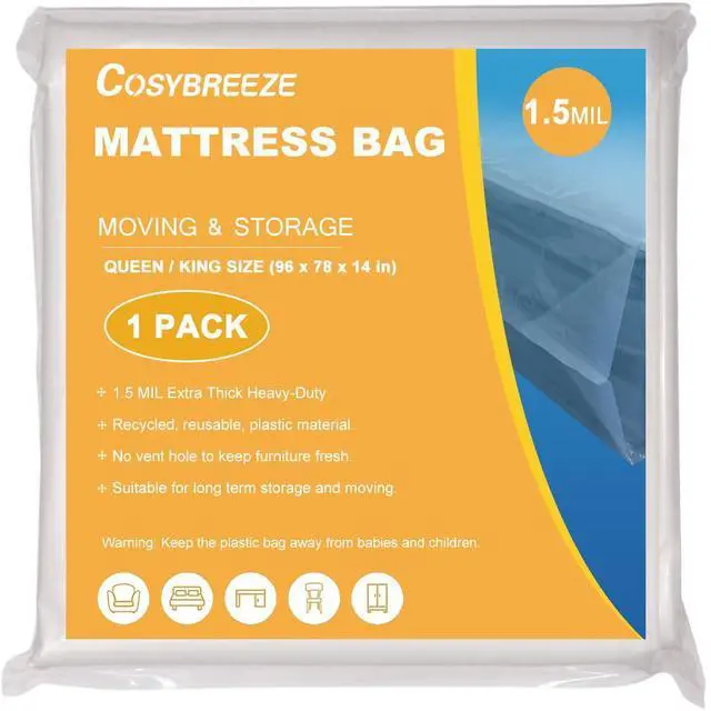 Main image of 1.5 Mil Thick Mattress Bags for Moving Mattress Storage Bag Queen or King Size 1 Pack - Plastic Wrap Mattress Protector Short-Term Storage and Disposal