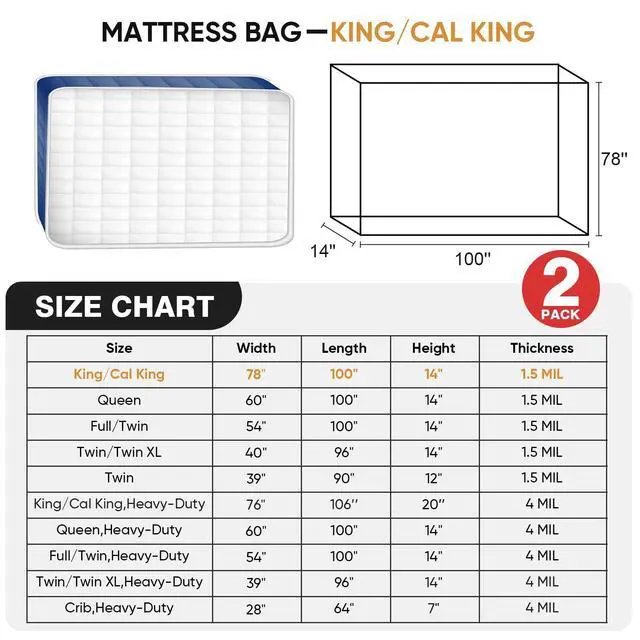 Alt view image 2 of 7 - 2 Pack King/Cal King Mattress Bag for Moving and Storage, Clear Plastic Mattress Cover for Moving, Waterproof Mattress Disposal Bags