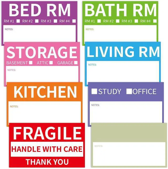 Main image of 340 Home Moving Labels, 3.4 x 2 inches, 8-Color Coded Packing Box Stickers with Fragile and Blank Customizable Labels