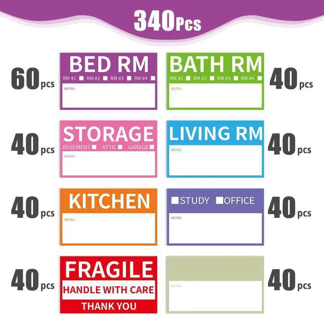 Alt view image 3 of 7 - 340 Home Moving Labels, 3.4 x 2 inches, 8-Color Coded Packing Box Stickers with Fragile and Blank Customizable Labels