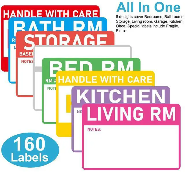 Main image of Home Moving Labels- 3 x 2 inches, Removable Packing Box Stickers, 8 Designs Waterproof Color Coded Moving Stickers with Fragile and Blank Labels- 160PCS