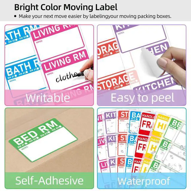 Alt view image 3 of 7 - Home Moving Labels- 3 x 2 inches, Removable Packing Box Stickers, 8 Designs Waterproof Color Coded Moving Stickers with Fragile and Blank Labels- 160PCS