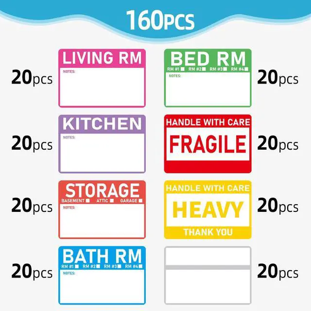 Alt view image 2 of 7 - Home Moving Labels- 3 x 2 inches, Removable Packing Box Stickers, 8 Designs Waterproof Color Coded Moving Stickers with Fragile and Blank Labels- 160PCS