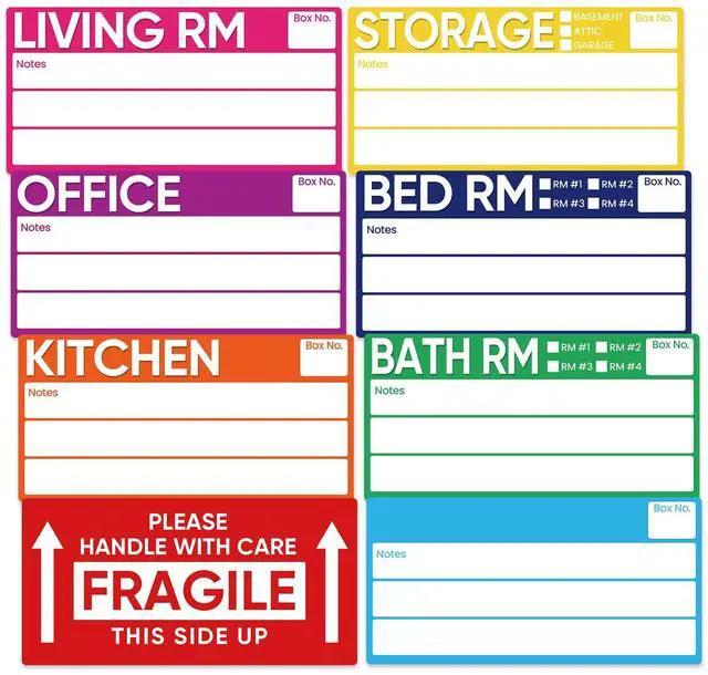 Main image of 6 x 3 Inches Large Removable Moving Labels for Boxes, 180 Pack 8 Color Coded Moving Stickers for 3-4 Bedroom House, Waterproof Tear Resistant with Fragile & Blank Customizable Labels