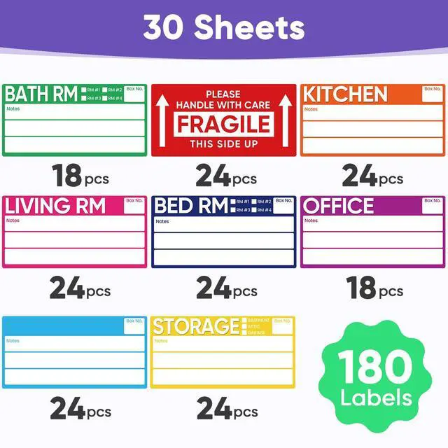 Alt view image 2 of 7 - 6 x 3 Inches Large Removable Moving Labels for Boxes, 180 Pack 8 Color Coded Moving Stickers for 3-4 Bedroom House, Waterproof Tear Resistant with Fragile & Blank Customizable Labels