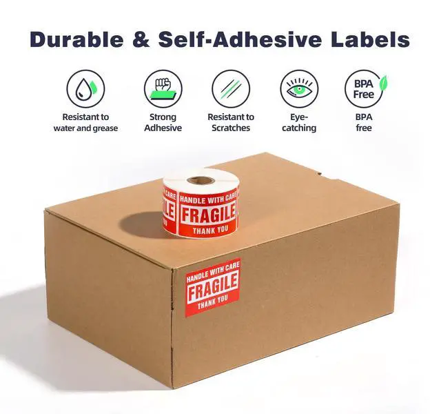 Alt view image 2 of 7 - 3 x 2 Inch Handle with Care 500 Fragile Stickers for Shipping Moving Glass Permanent Adhesive Commercial Grade Fragile Labels (1 Roll, 500 Labels)